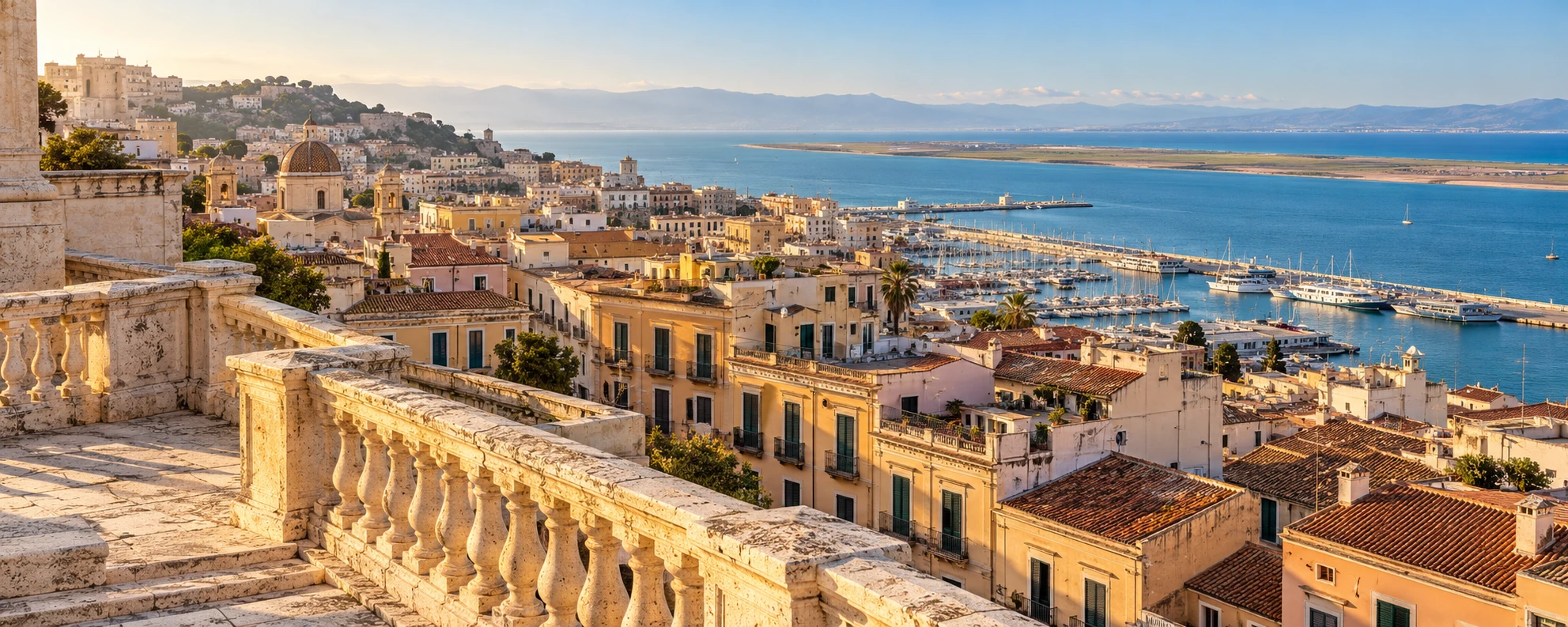 Veduta illustrativa di Cagliari dal Bastione verso la città e il golfo, rielaborata con AI