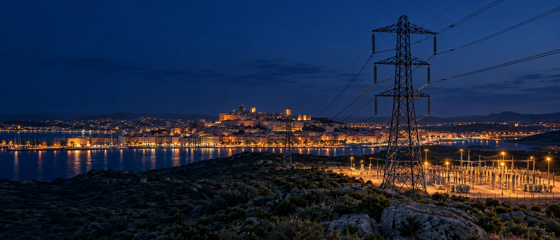 Energia elettrica e Cagliari illuminata di notte, composizione illustrativa generata con AI