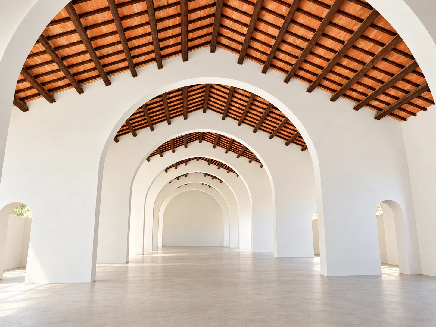 Rielaborazione dell’interno con archi bianchi, copertura in legno e finiture completate